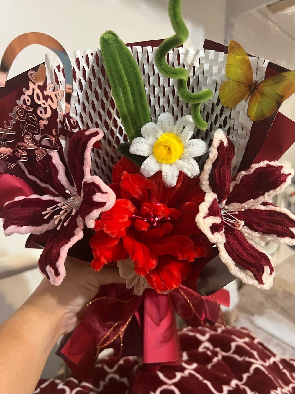 Velvet and Felt Floral Bouquet with Red Accents